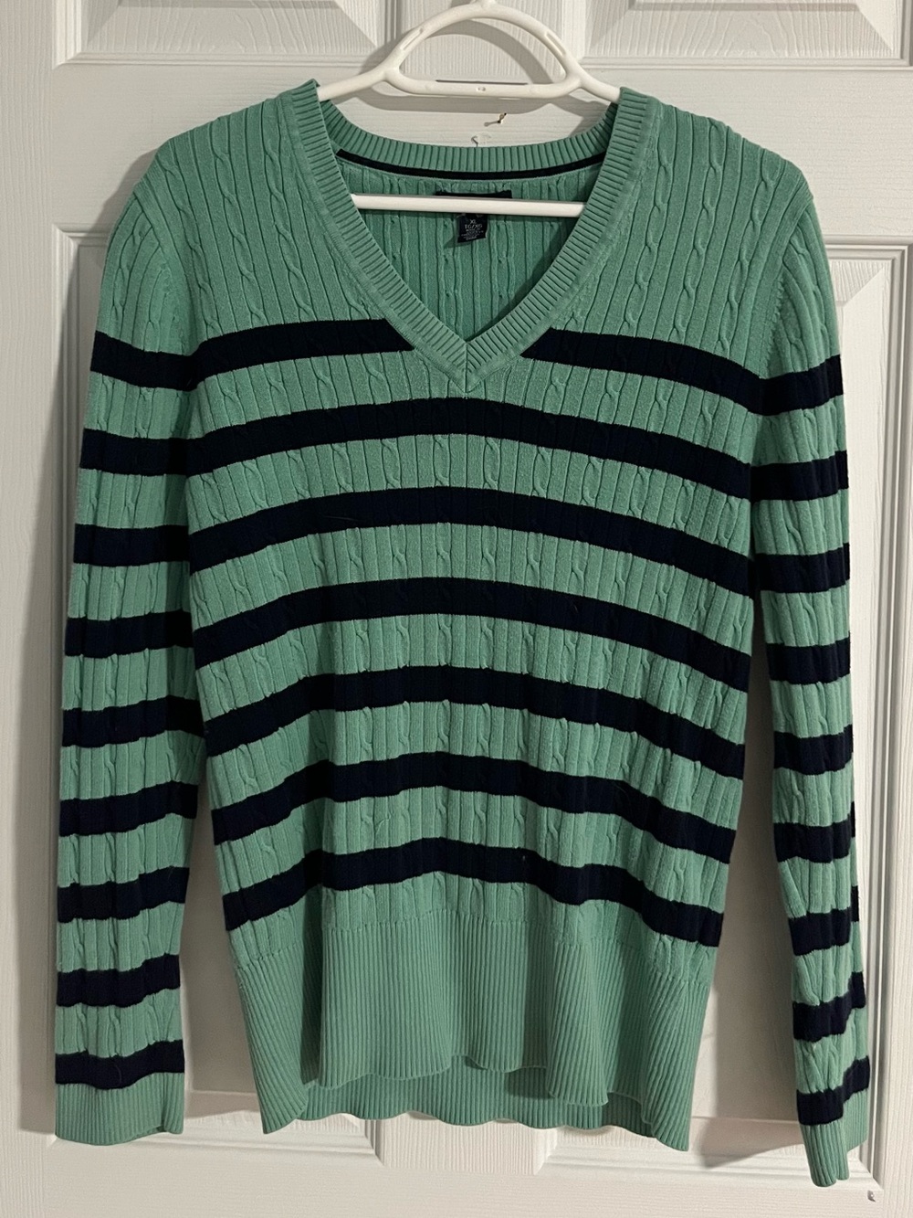 Tommy Hilfiger Mint Green and Navy Striped V-Neck Sweater - Fits like a SMALL